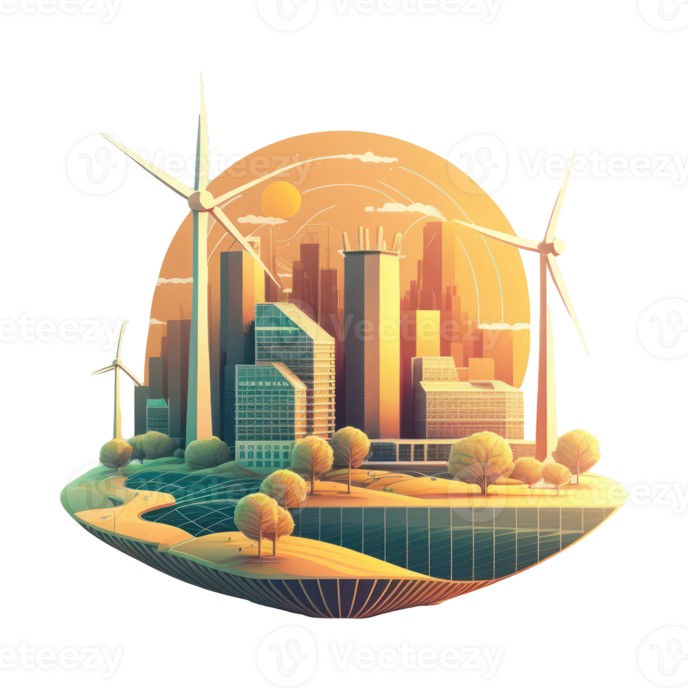 renewable energy with green energy as wind turbines and solar panels . png