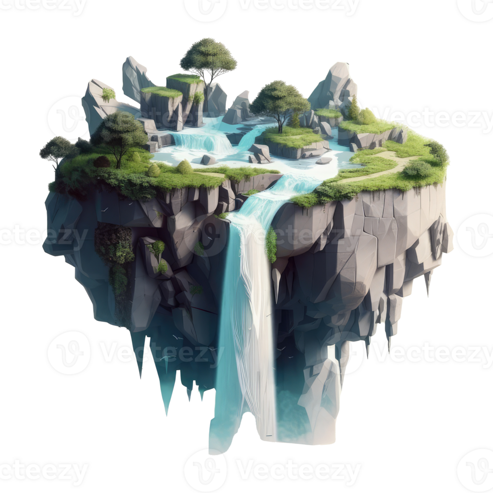 landscape consists of terraced plateaus with multicolored waterfalls and 3D floating islands . png