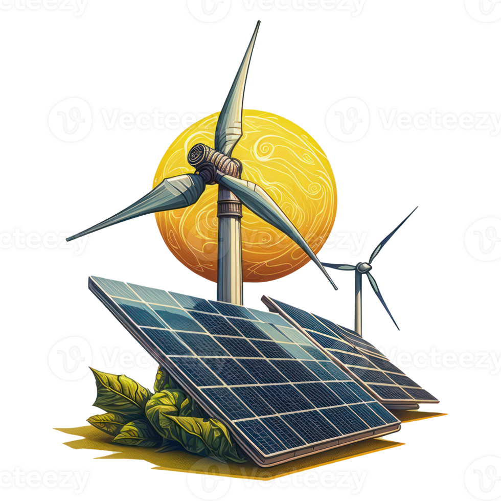 renewable energy with green energy as wind turbines and solar panels . png