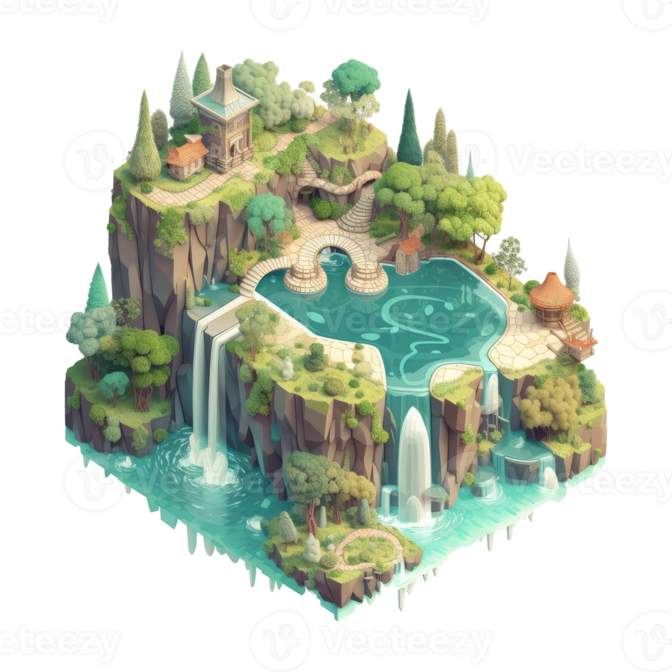 landscape consists of terraced plateaus with multicolored waterfalls and 3D floating islands . png