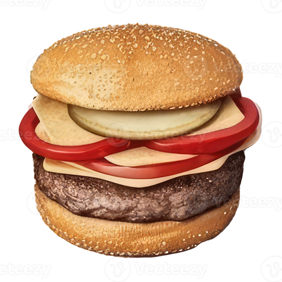 burger with meat, tomato, lettuce, cheese, and sauce . png