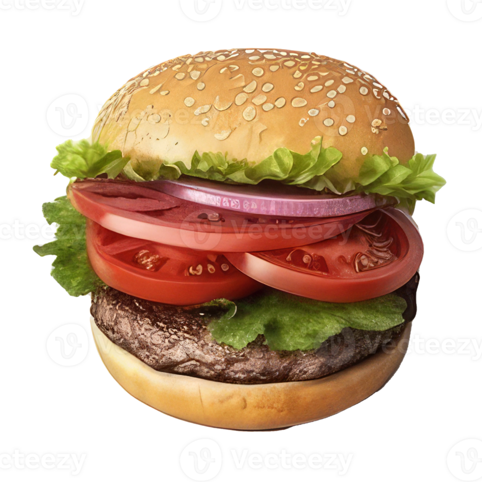 hamburger con carne, pomodoro, lattuga, formaggio, e salsa . ai generato png