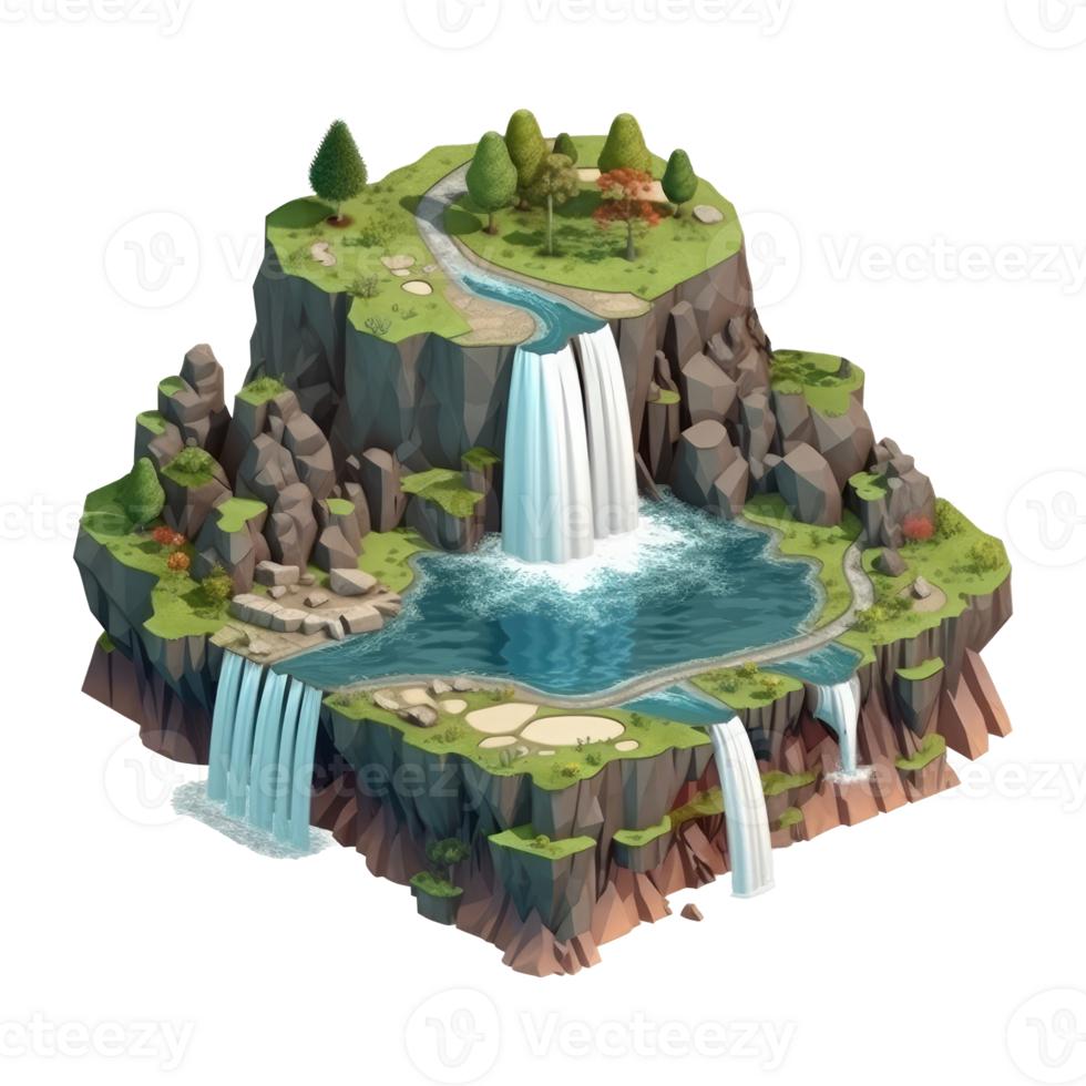 landscape consists of terraced plateaus with multicolored waterfalls and 3D floating islands . png