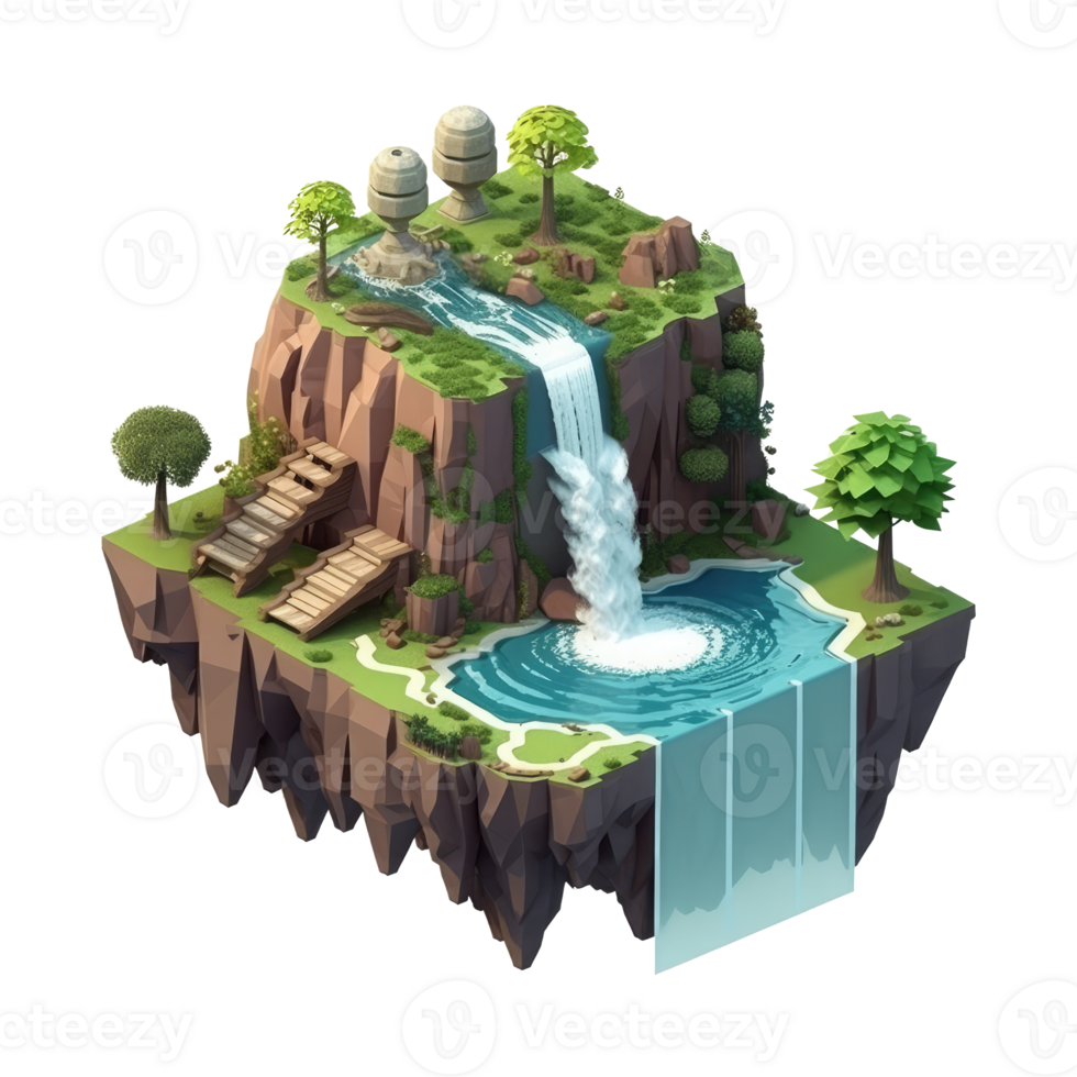 landscape consists of terraced plateaus with multicolored waterfalls and 3D floating islands . png