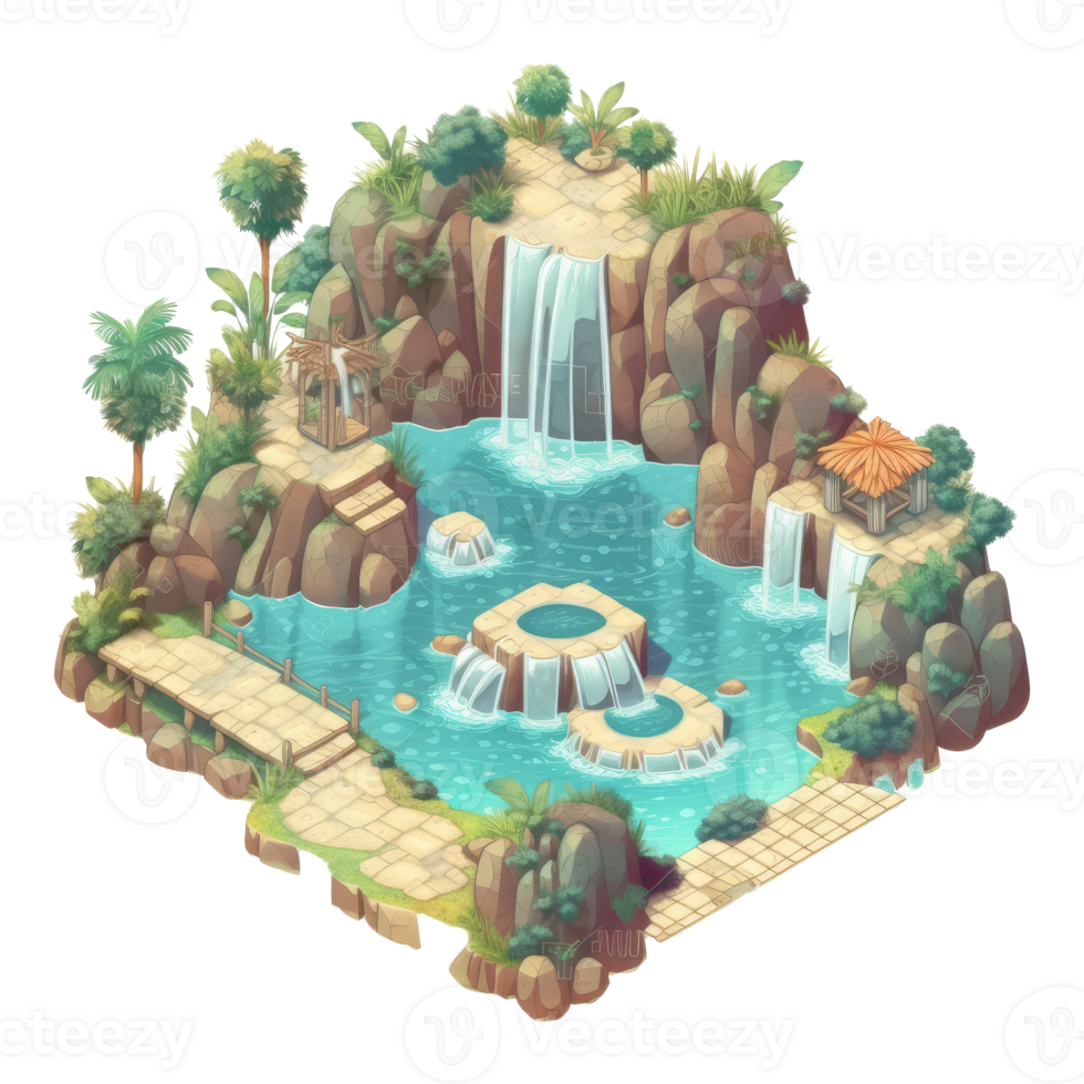 landscape consists of terraced plateaus with multicolored waterfalls and 3D floating islands . png