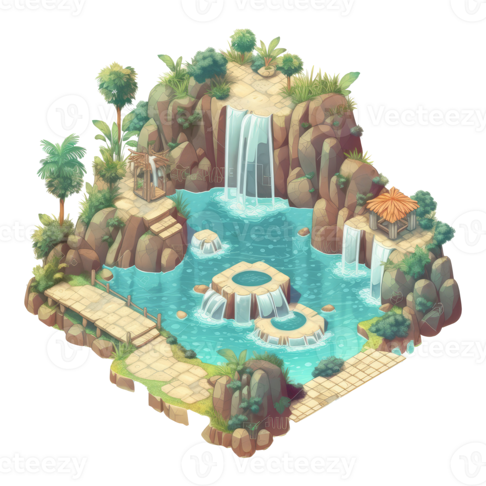 landskap består av terrasserad platåer med flerfärgad vattenfall och 3d flytande öar . ai genererad png