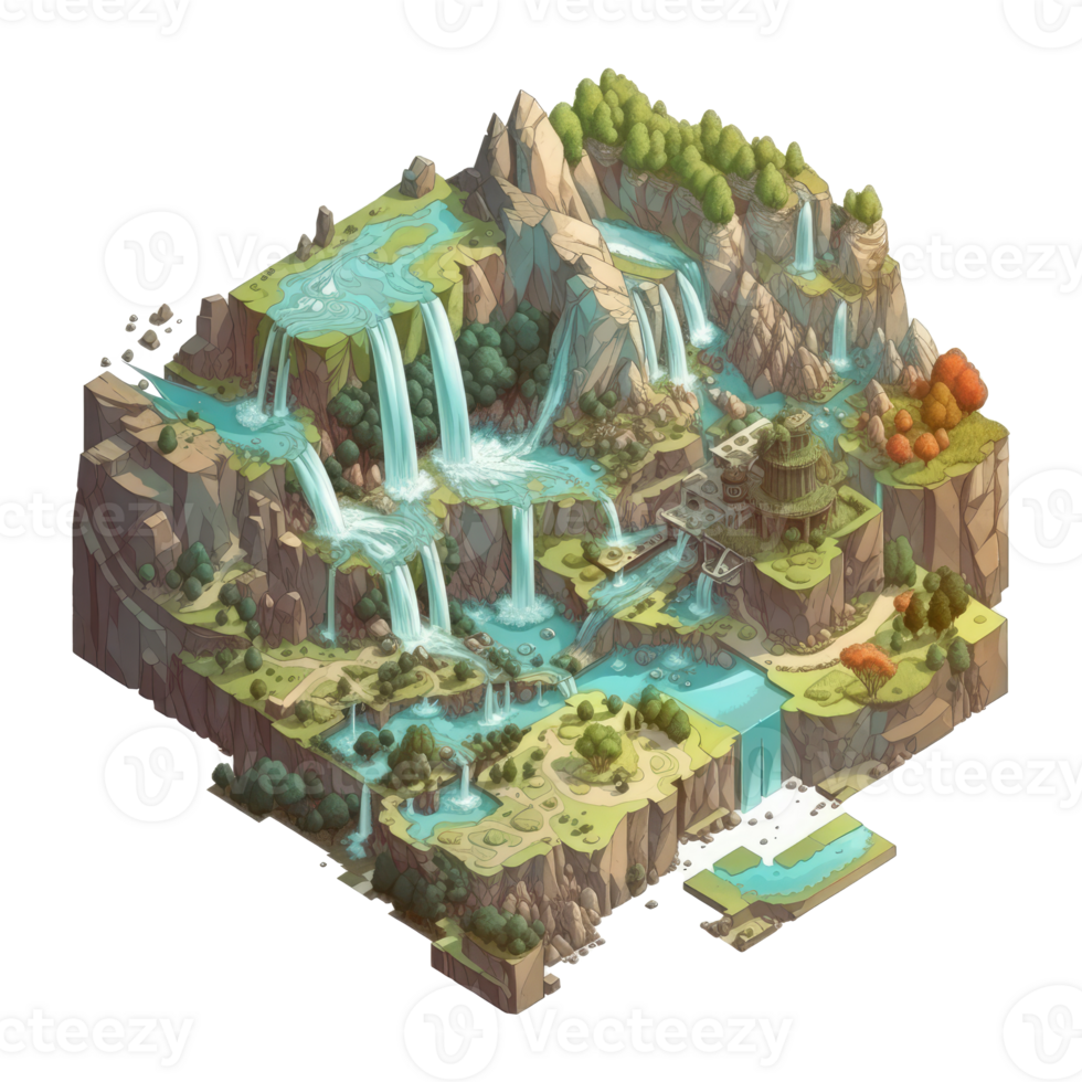 landscape consists of terraced plateaus with multicolored waterfalls and 3D floating islands . png
