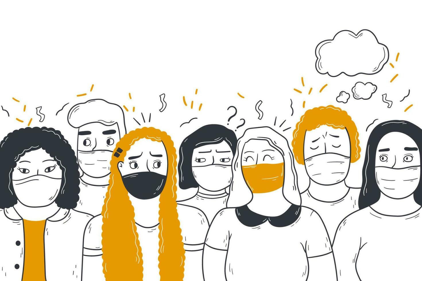 Coronavirus, healthcare, new normal concept. Crowd group of people men women wearing protective medial face mask standing together. Protection from covid19 virus and urban air pollution illustration vector