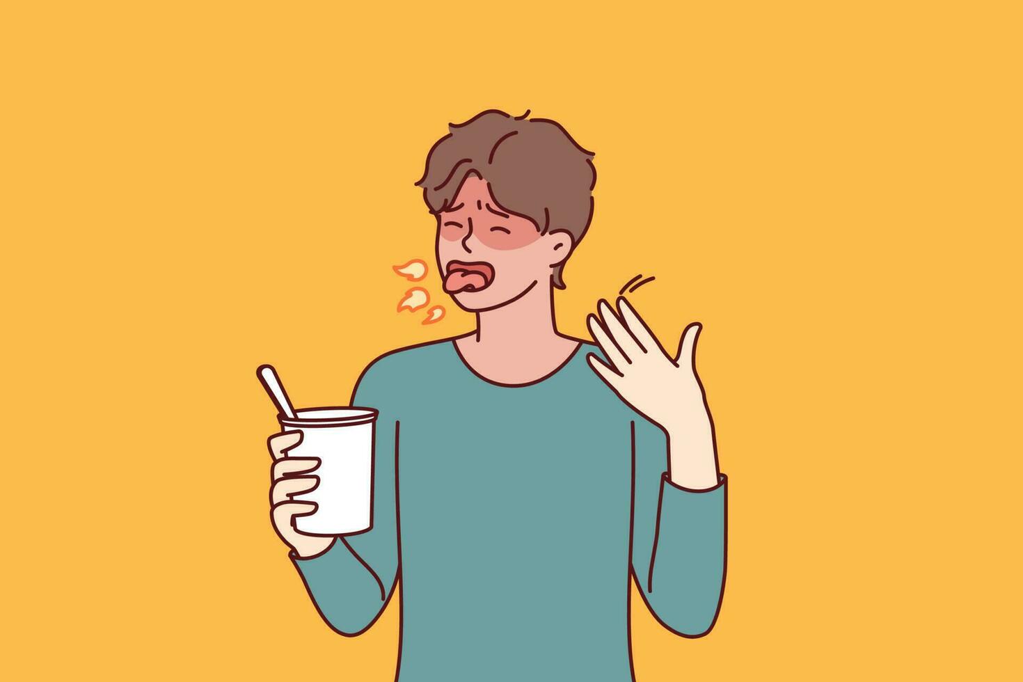 Man tried spicy takeaway from chinese restaurant and is coughing from overabundance of chili peppers in noodles. Flushed guy with fire near mouth after eating spicy food with jalapeno peppers vector