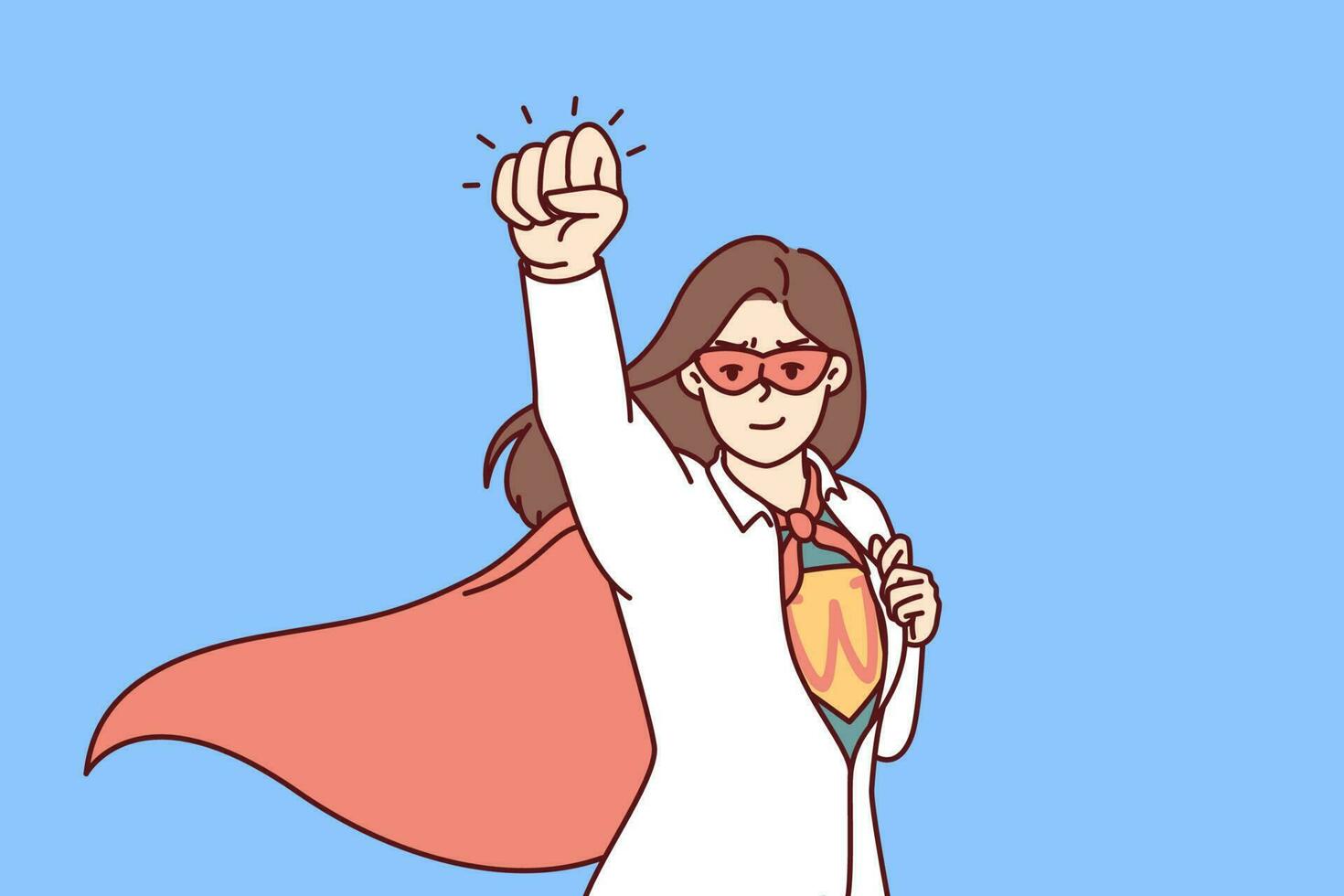 Super woman rips off shirt showing off superhero clothes and flying out to save business of those in trouble. Business woman superhero getting ready to save company for crisis management metaphor vector