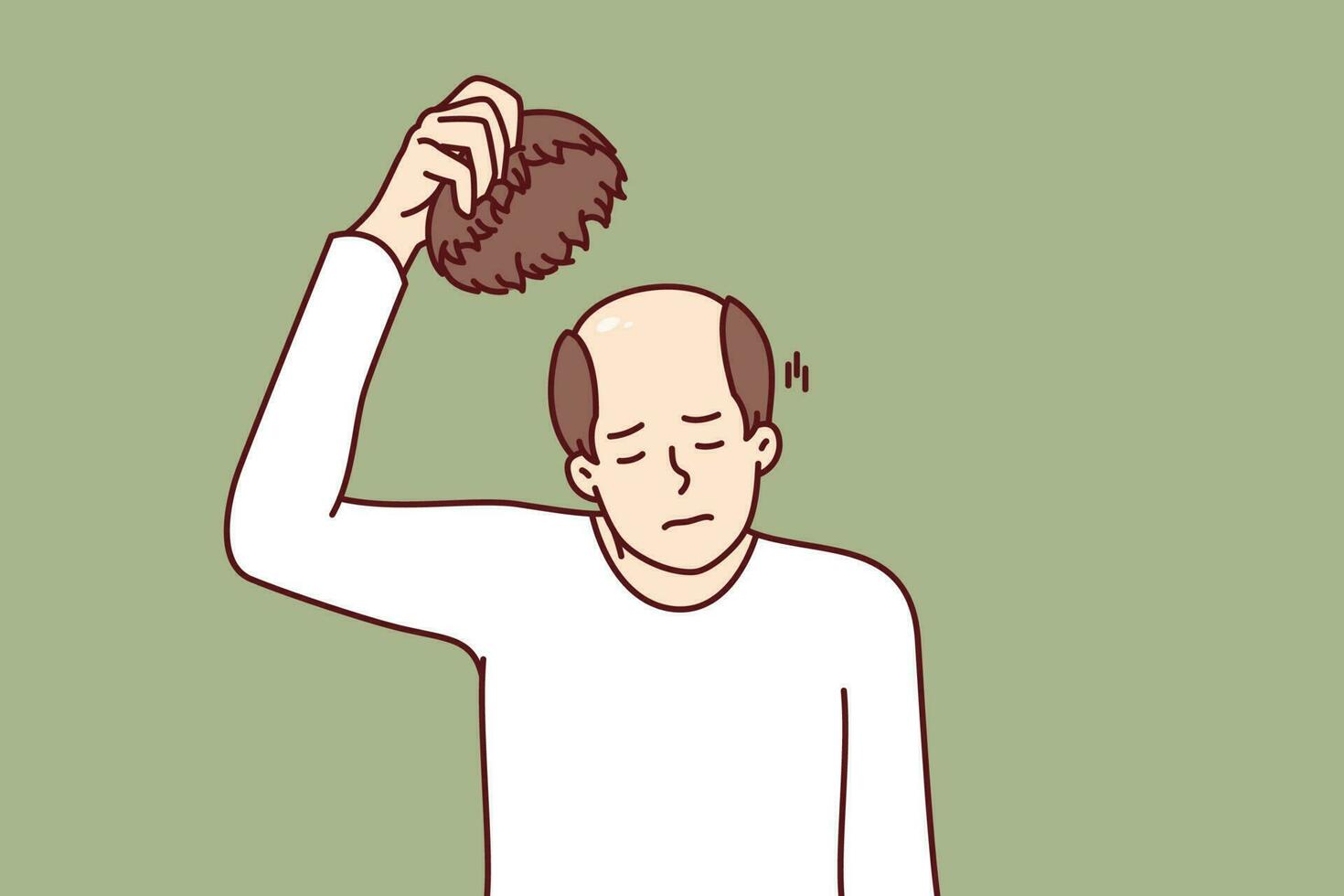 hombre toma apagado peluca y experiencias estrés de calvicie causado por salud problemas o envejecimiento. infeliz adulto humano con peluca en mano necesidades pelo trasplante operación o fármaco a restaurar cabello. vector