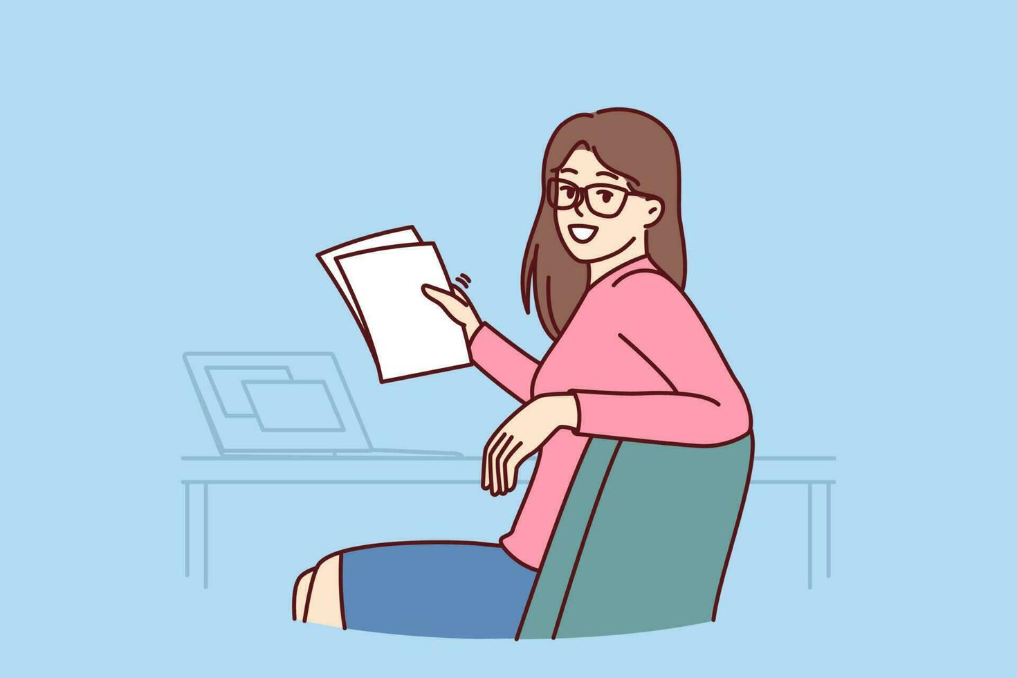 Successful woman office worker holds papers and sits at table with laptop making career as accountant or lawyer. Successful businesswoman turning around and looking at camera while doing paperwork vector