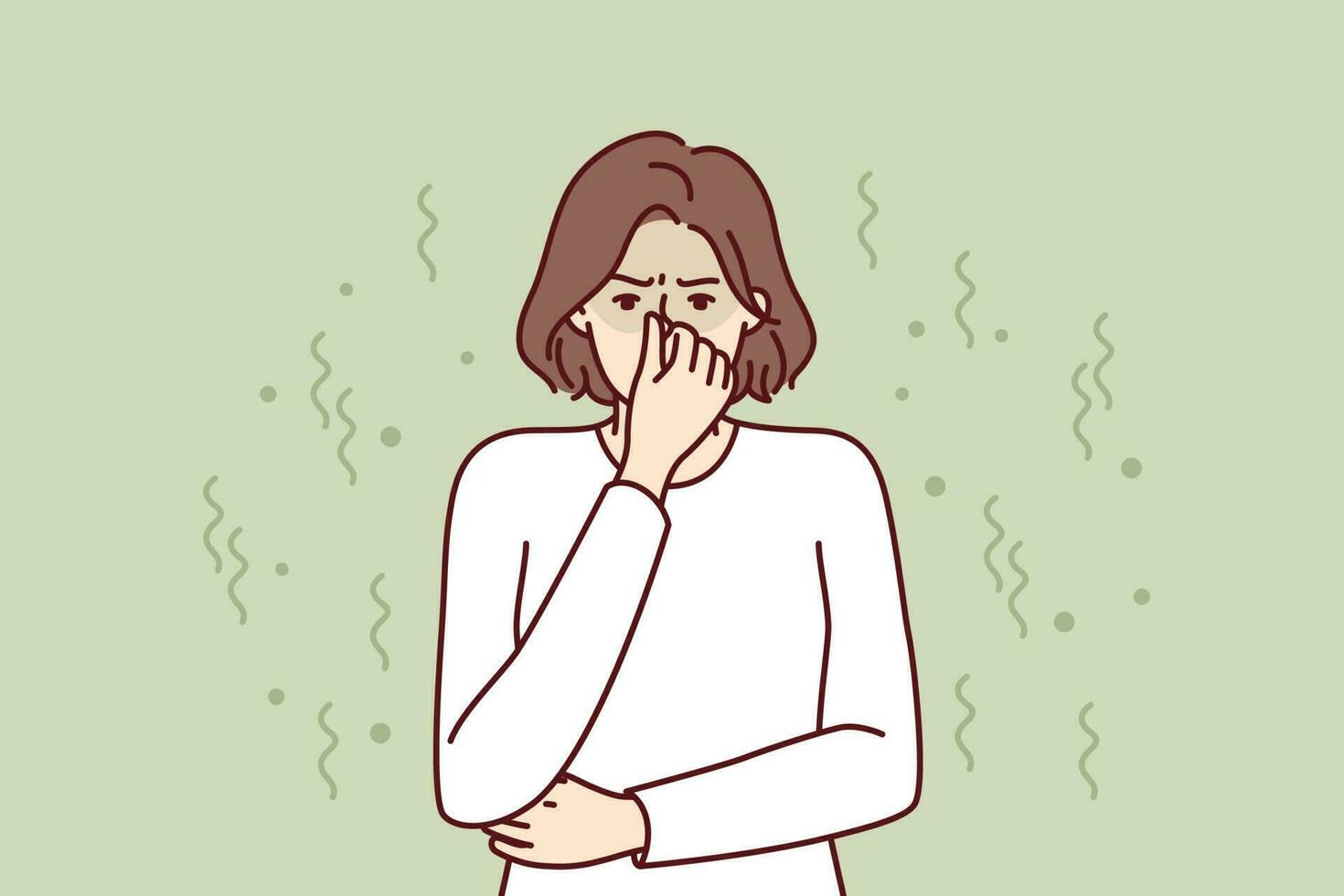 Woman closes nose in disgust at smell and toxic aroma caused by violation of hygiene rules. Young girl in white sweater feels stink and bad smell of clothes or socks in need of washing vector