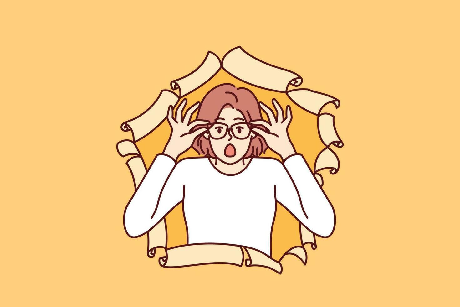 Shocked woman peeks out of torn paper and yells wow sees incredible promotional offer. Girl looks into hole in banner, surprised by promotion or big discounts on shopping causing wow effect vector