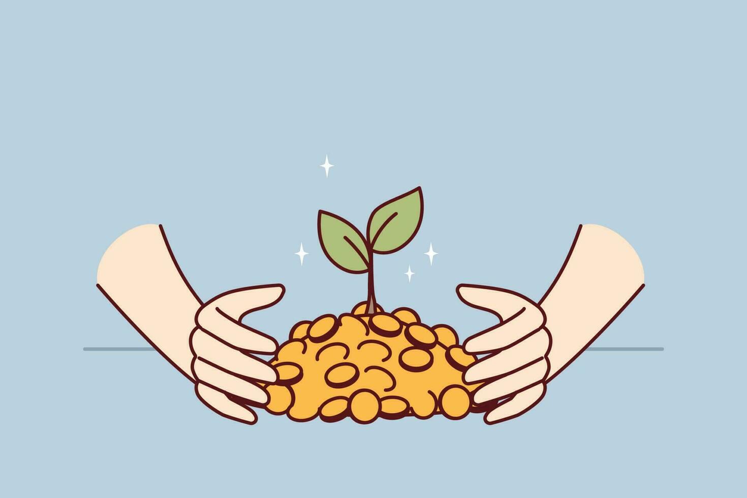Hands with gold coins and growing tree symbolizing dividends on accumulated capital and profitable investment. Gold with green leaves as metaphor for financial literacy and ability to invest or trade vector