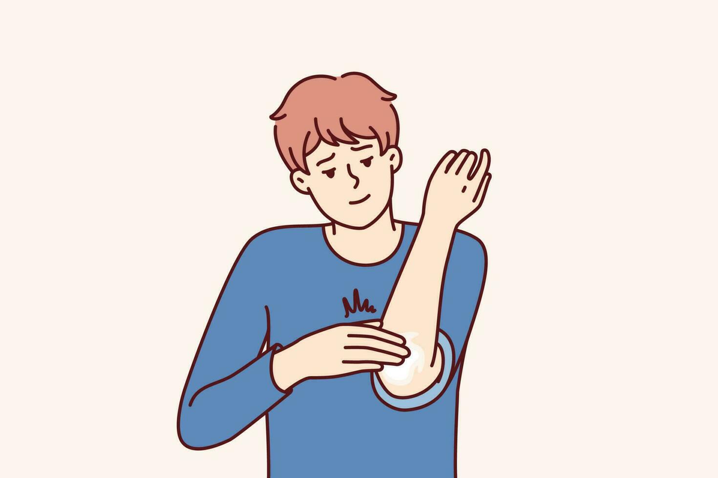 Man smears elbow with healing ointment after bruise or skin problems and acne. Young guy uses analgesic dermatological ointment to treat elbow joint and take care of skin in need of moisture vector