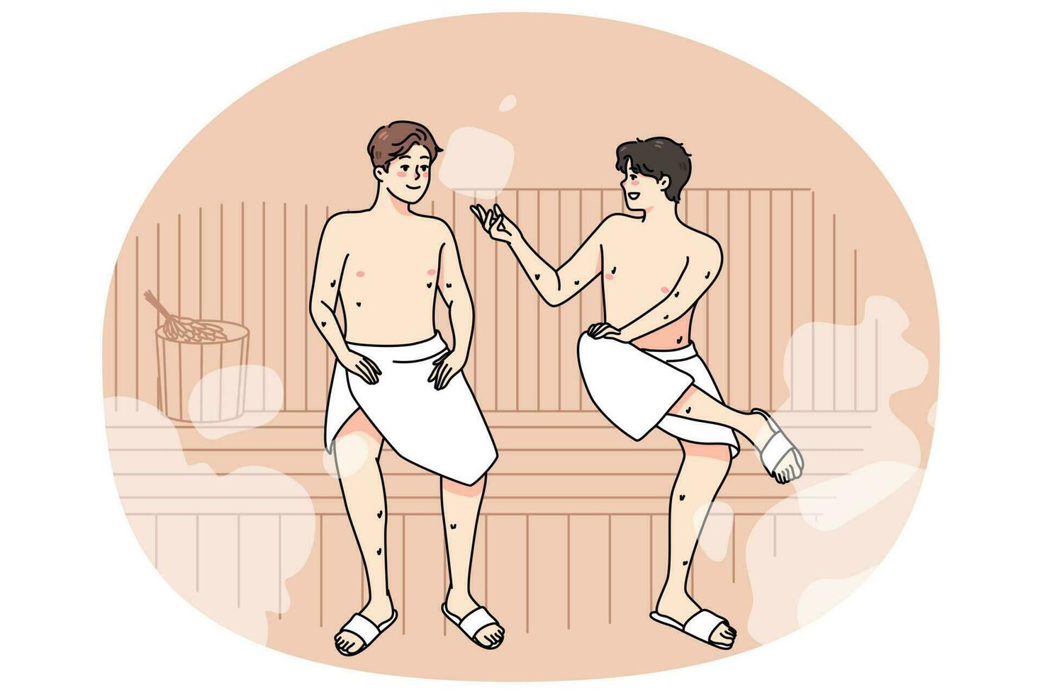 Happy male friends relax in sauna together vector