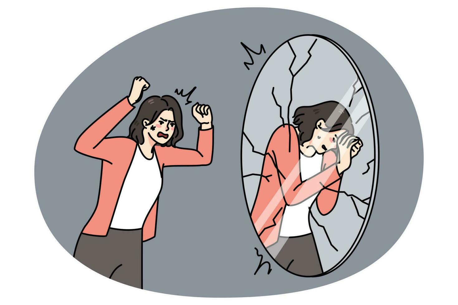 Furious woman shout at mirror reflection vector