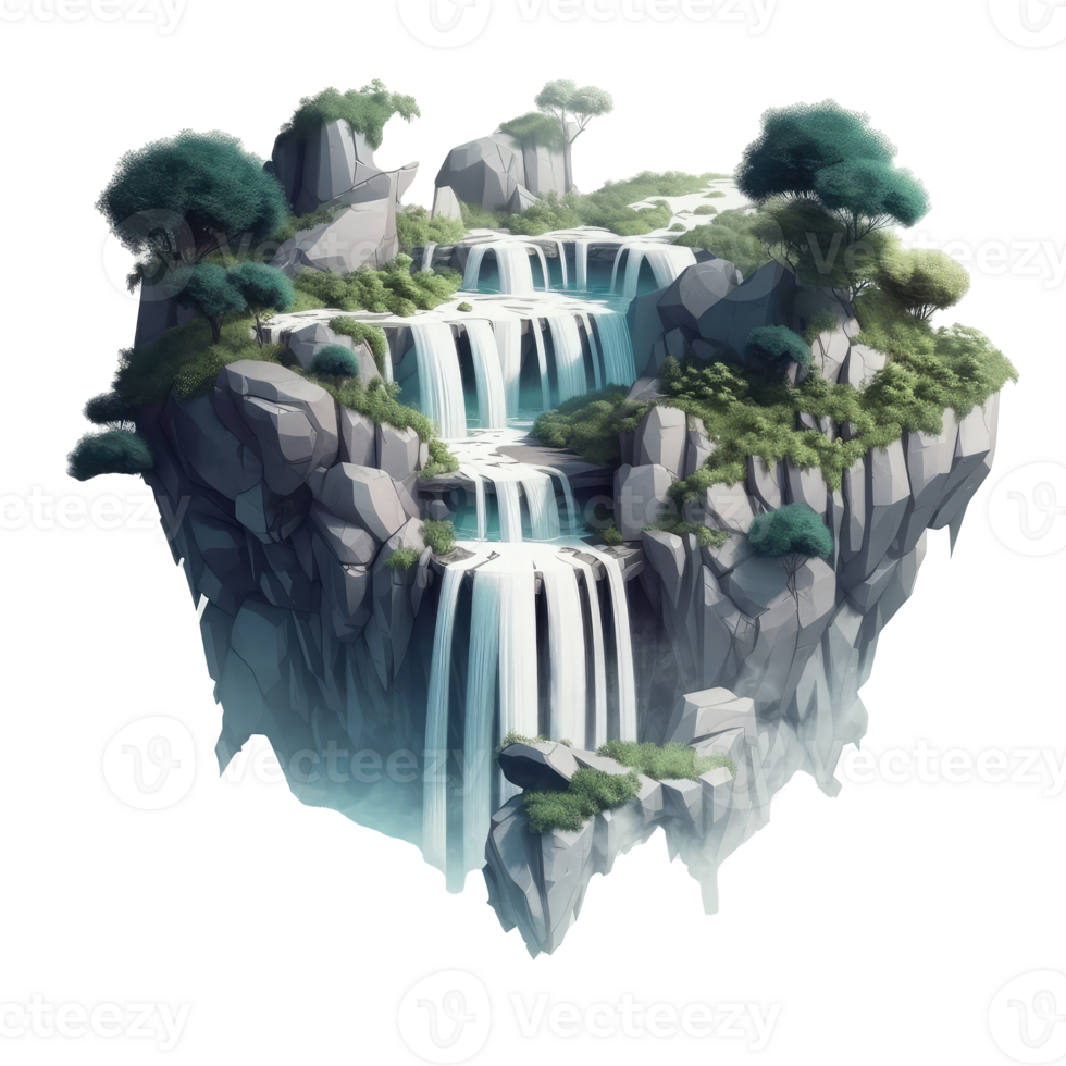 landscape consists of terraced plateaus with multicolored waterfalls and 3D floating islands . png