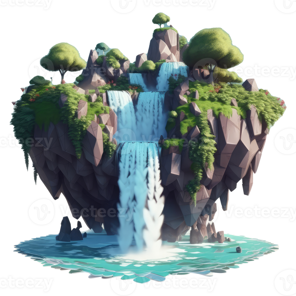 landscape consists of terraced plateaus with multicolored waterfalls and 3D floating islands . png