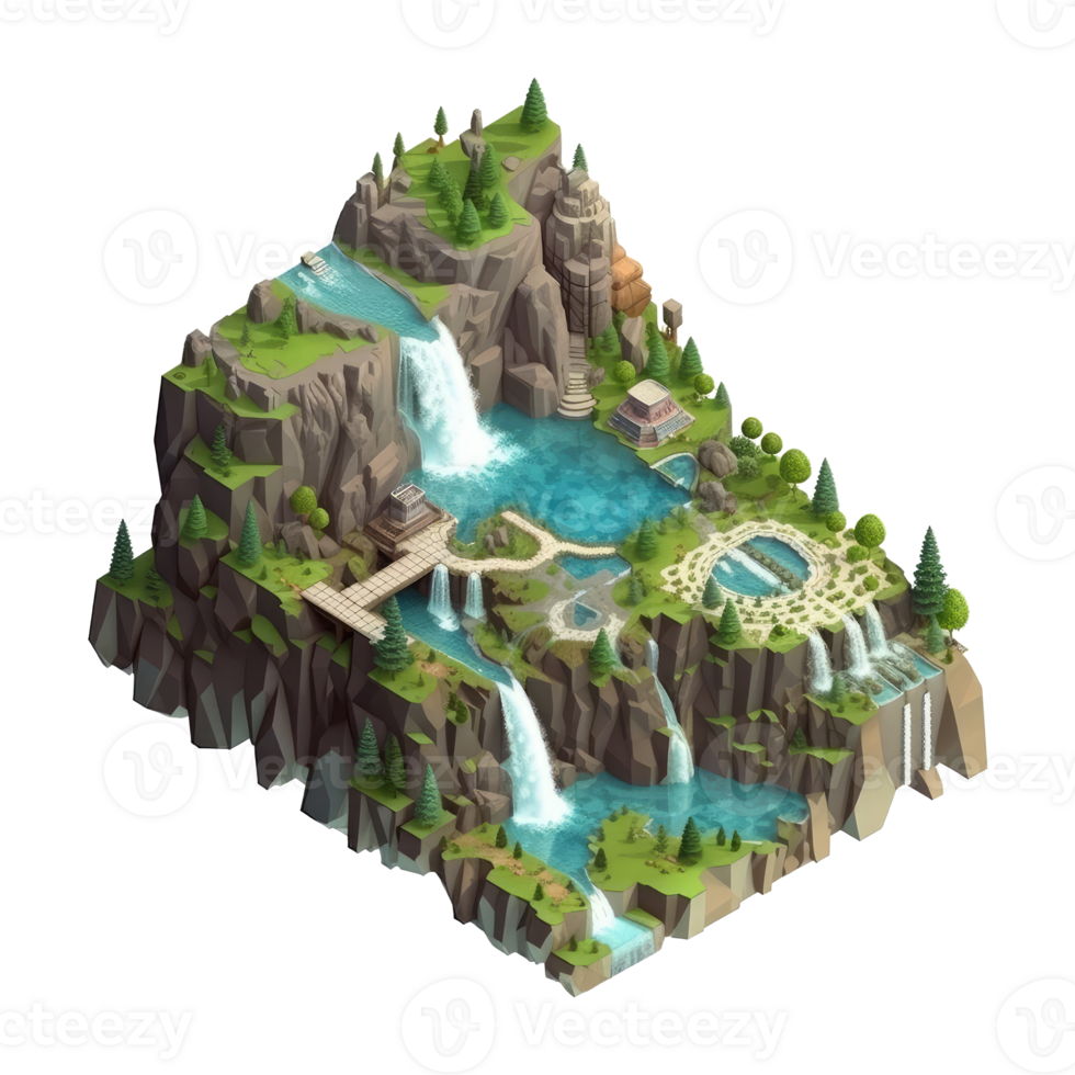 landscape consists of terraced plateaus with multicolored waterfalls and 3D floating islands . png