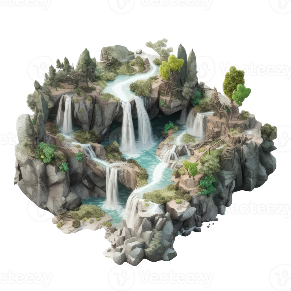 landscape consists of terraced plateaus with multicolored waterfalls and 3D floating islands . png