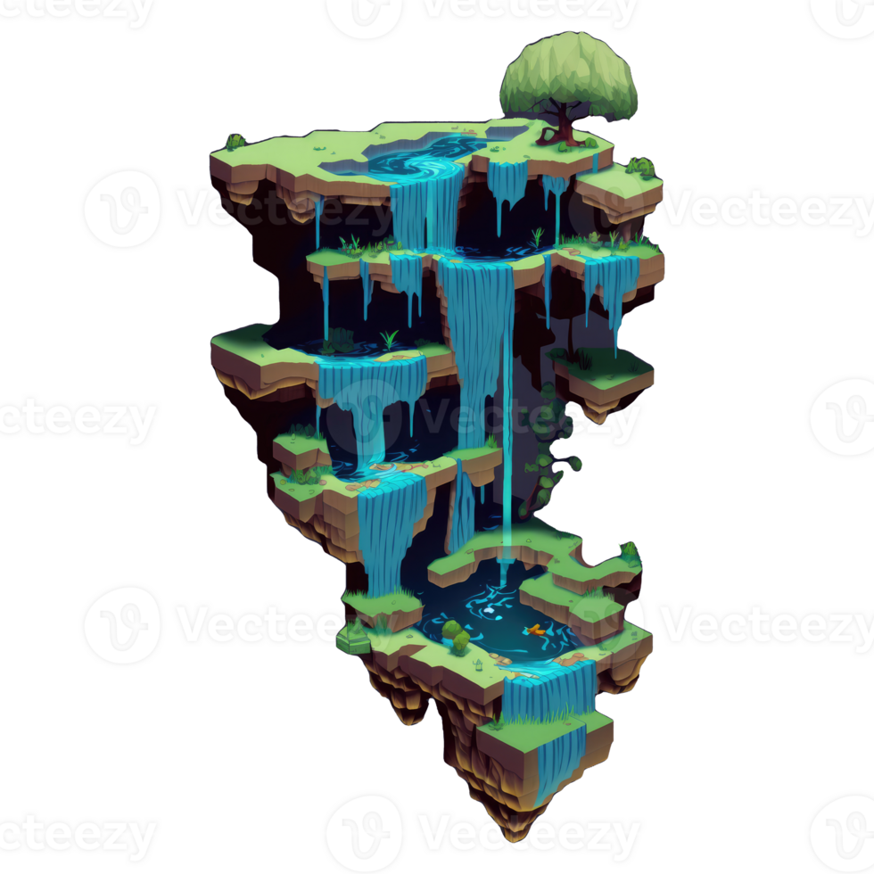 landscape consists of terraced plateaus with multicolored waterfalls and 3D floating islands . png