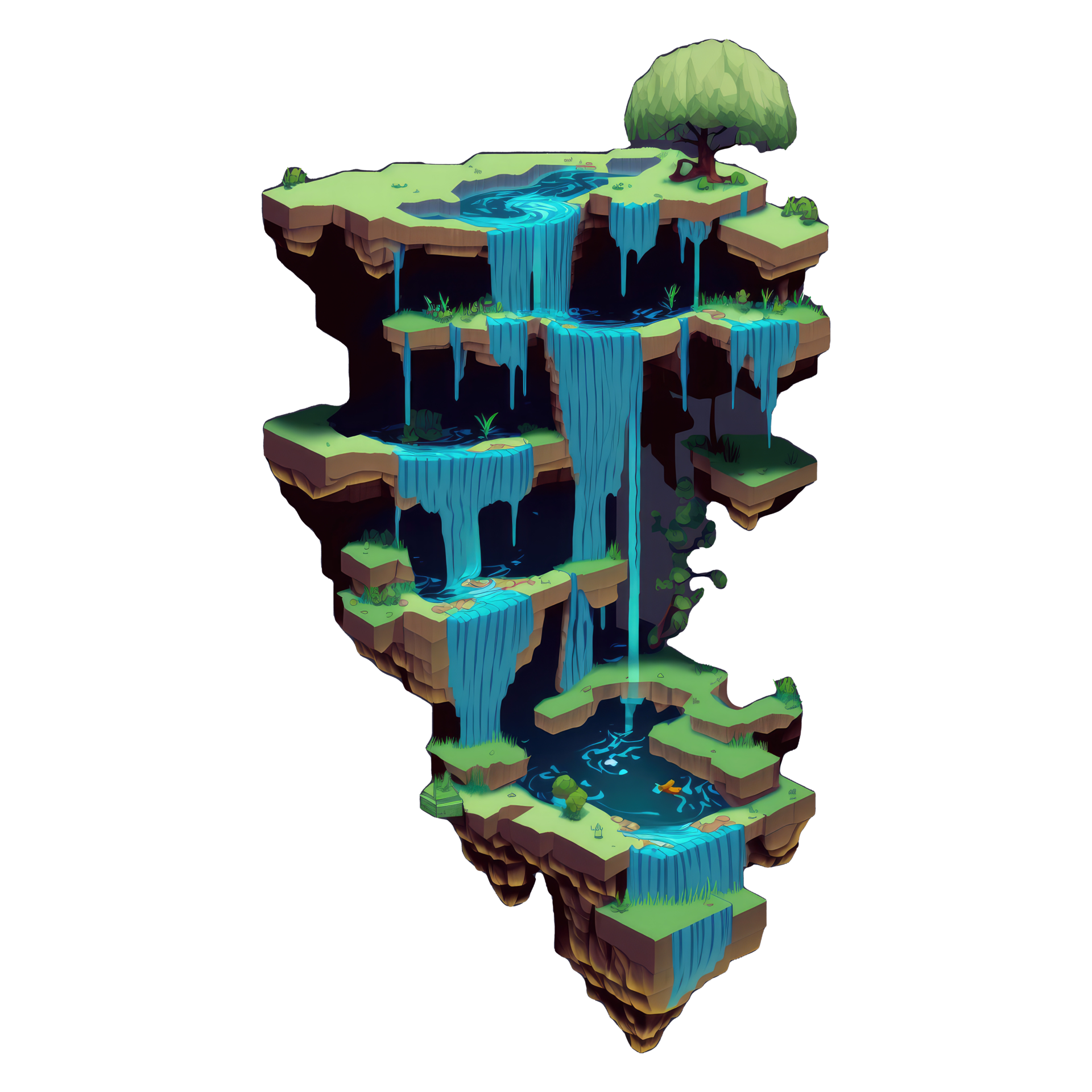 landscape consists of terraced plateaus with multicolored waterfalls