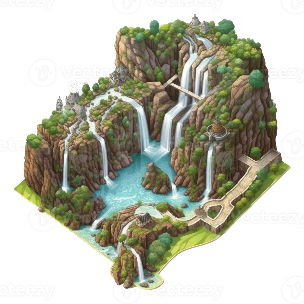 landscape consists of terraced plateaus with multicolored waterfalls and 3D floating islands . png