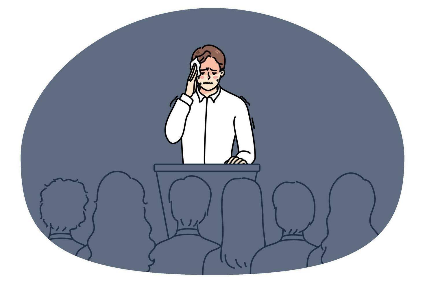 Nervous man scared of public speaking on stage vector