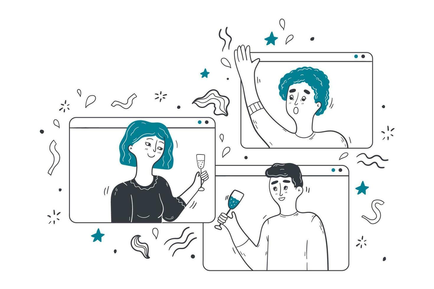 Online party, birthday, virtual meeting concept. Men women friends stay home drinking alcohol wine through computer windows remotely. Event wireless celebration on video call during self isolation. vector