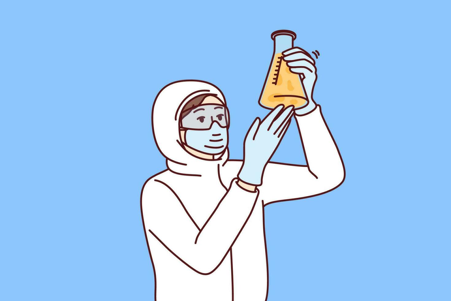 Chemist laboratory assistant holds test tube with reagent examining hazardous substance, dressed in chemical protection clothing. Female chemist examines contents of flask after synthesis vector
