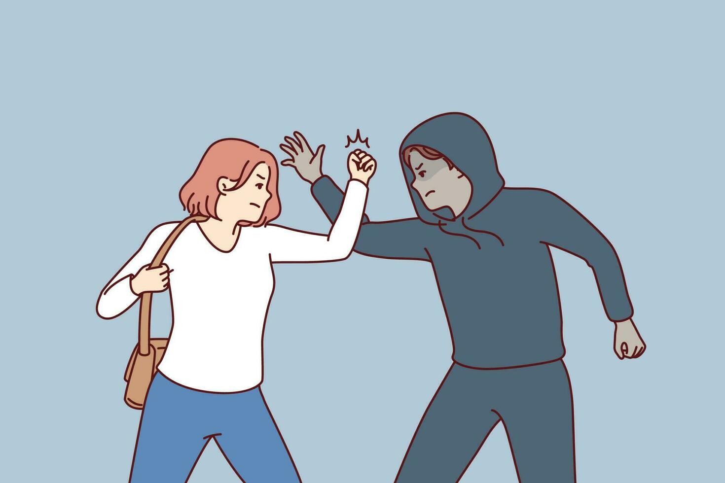 Strong woman fights back against thief by showing self-defense techniques to man who tried to steal purse and commit crime. Self-defense and martial art concept of krav maga against street thug vector