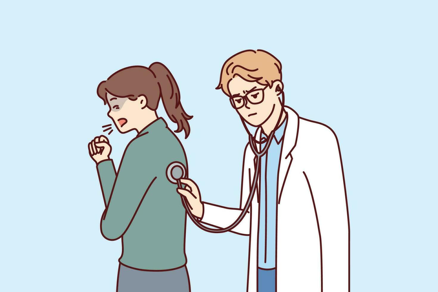 Doctor uses stethoscope examining coughing patient and auscultating woman suffering from flu or pandemic. Hospital doctor examines girl with diseased bronchi or tuberculosis disease vector