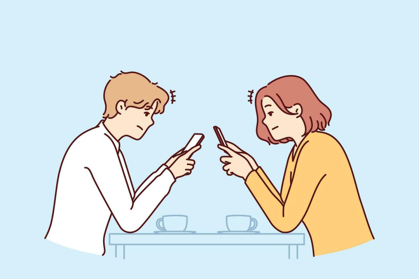 Couple with phones sits in cafe, addiction to social networks and internet chatting, not paying attention to interlocutor. Concept of social problems associated with digital addiction to gadgets vector