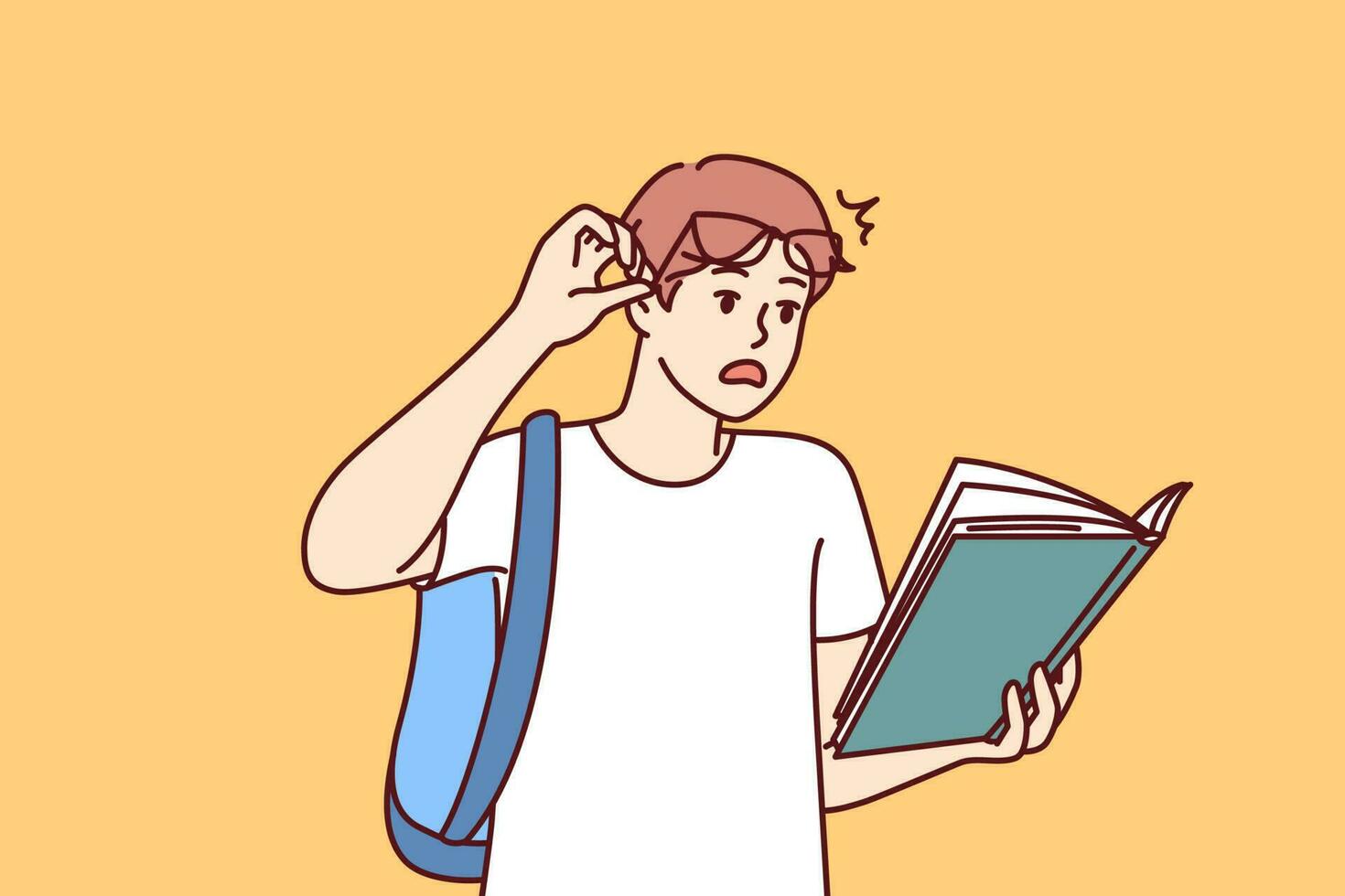 Shocked guy student with book reads amazing smart facts in textbook which causes wow effect. Young man lifts glasses from eyes after reading shocking information in book given by college teacher vector