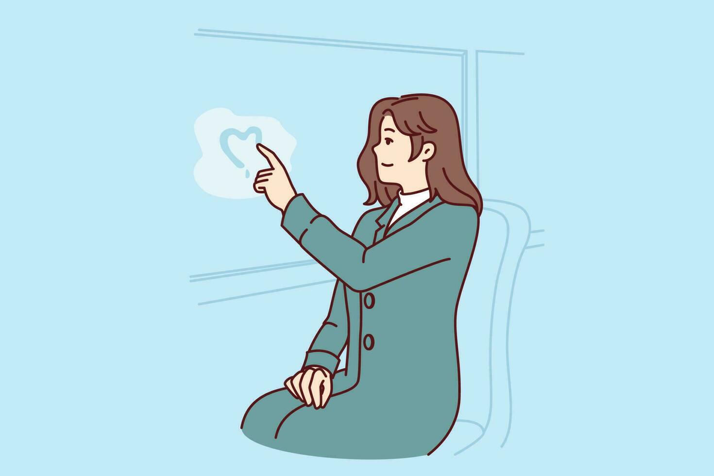 Woman passenger tram draws heart on glass, remembering beloved man and wishing to meet after separation. Girl in love depicts heart on steamy bus window, experiencing romantic feelings for boyfriend vector