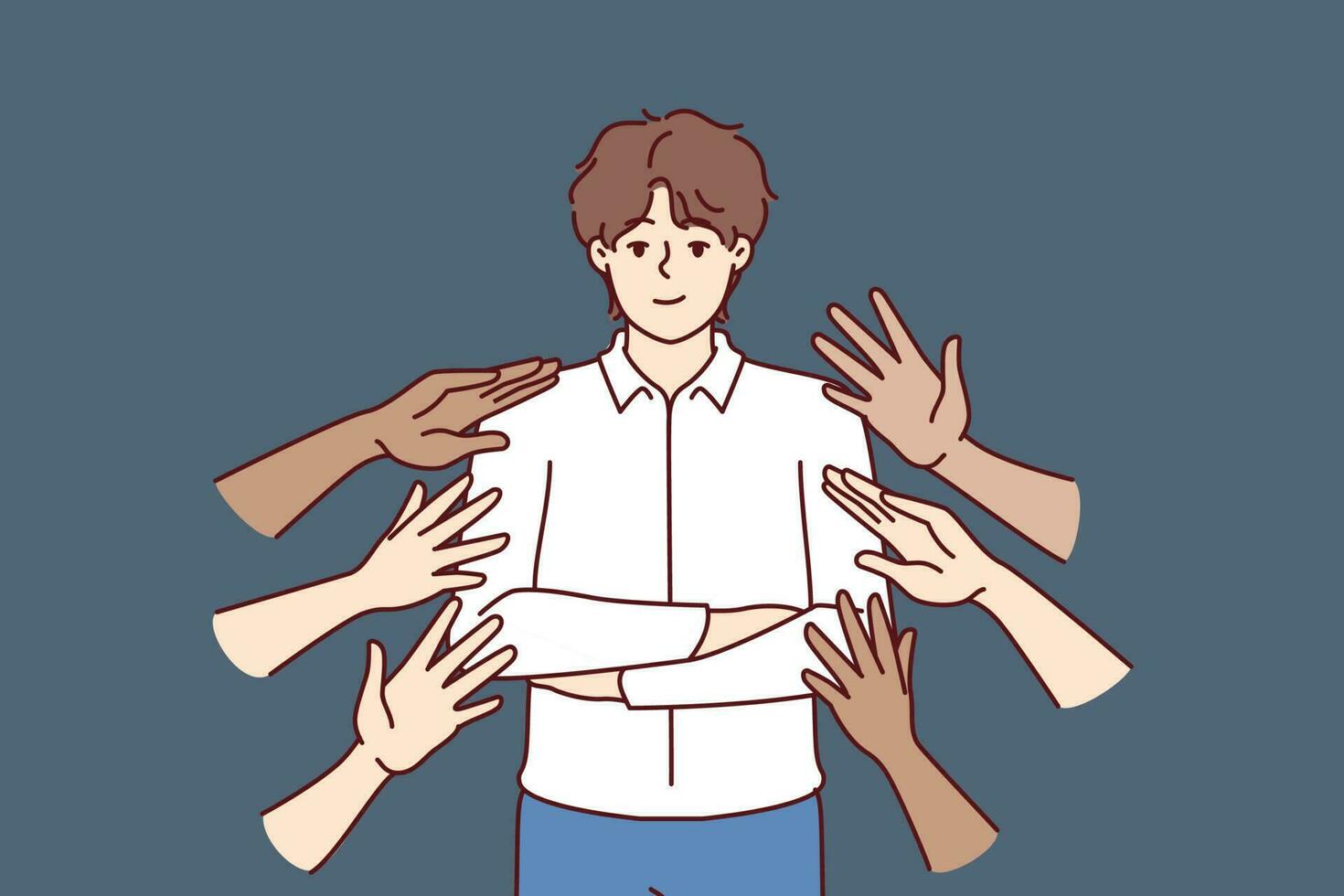 Popular business man beside many hands wanting to touch idol, for concept of corporate training or team building activities. Proud guy in business clothes are popular among colleagues vector