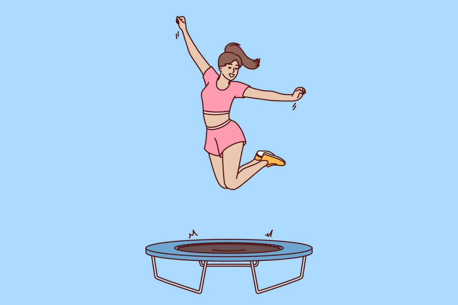 mujer aptitud entrenador saltos en trampolín enseñando clientela de Deportes club a hacer ejercicios correctamente. niña es comprometido en aptitud utilizando trampolín para saltando Ayudar a volverse Delgado y hermosa vector