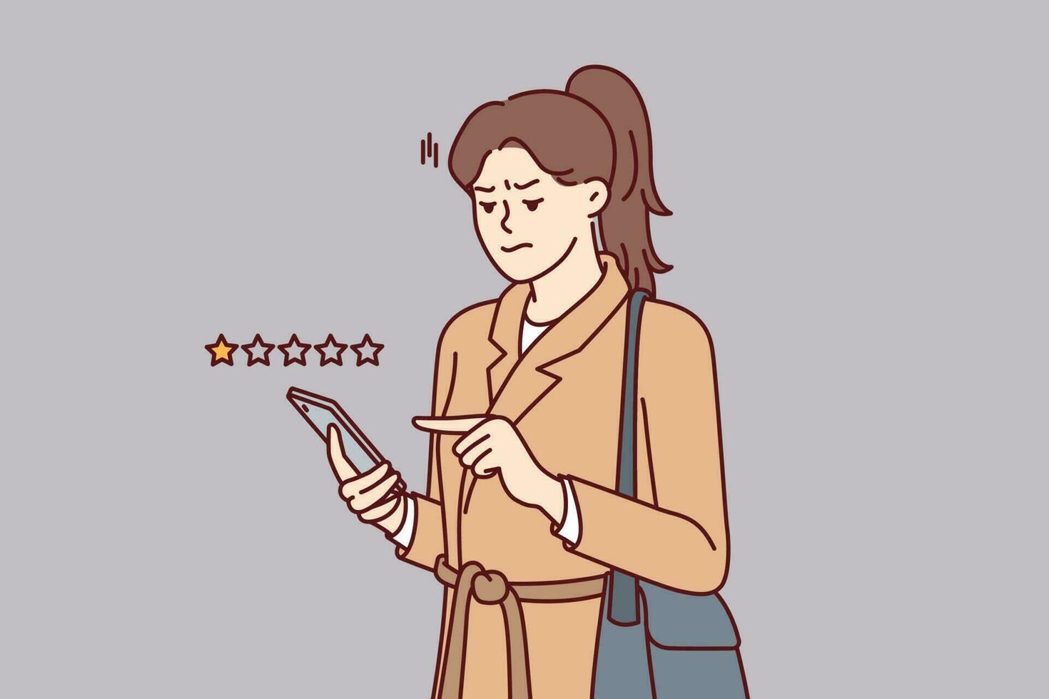Woman with phone shares user experience by giving negative rating to store or restaurant. Girl uses mobile application on smartphone to put one star and lower company rating due to poor service vector