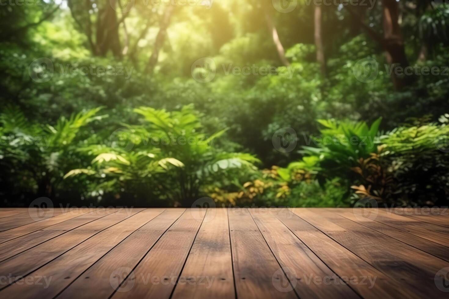 de madera piso en el jardín con verde naturaleza antecedentes. ai generado foto