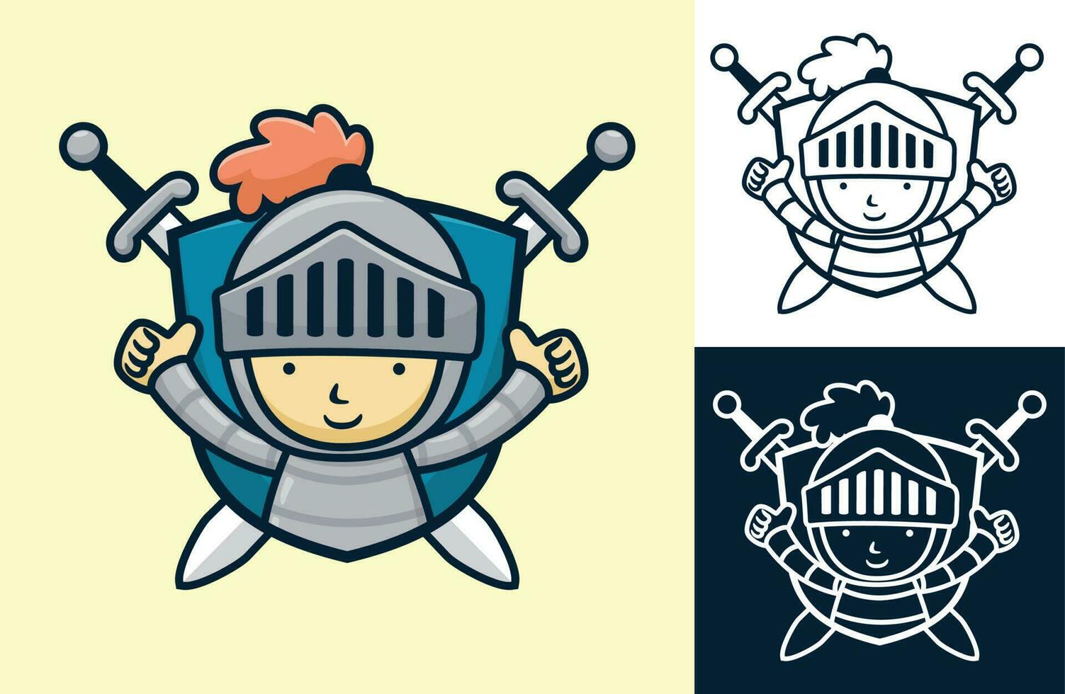Little knight on shield with twin sword. Vector cartoon illustration in flat icon style