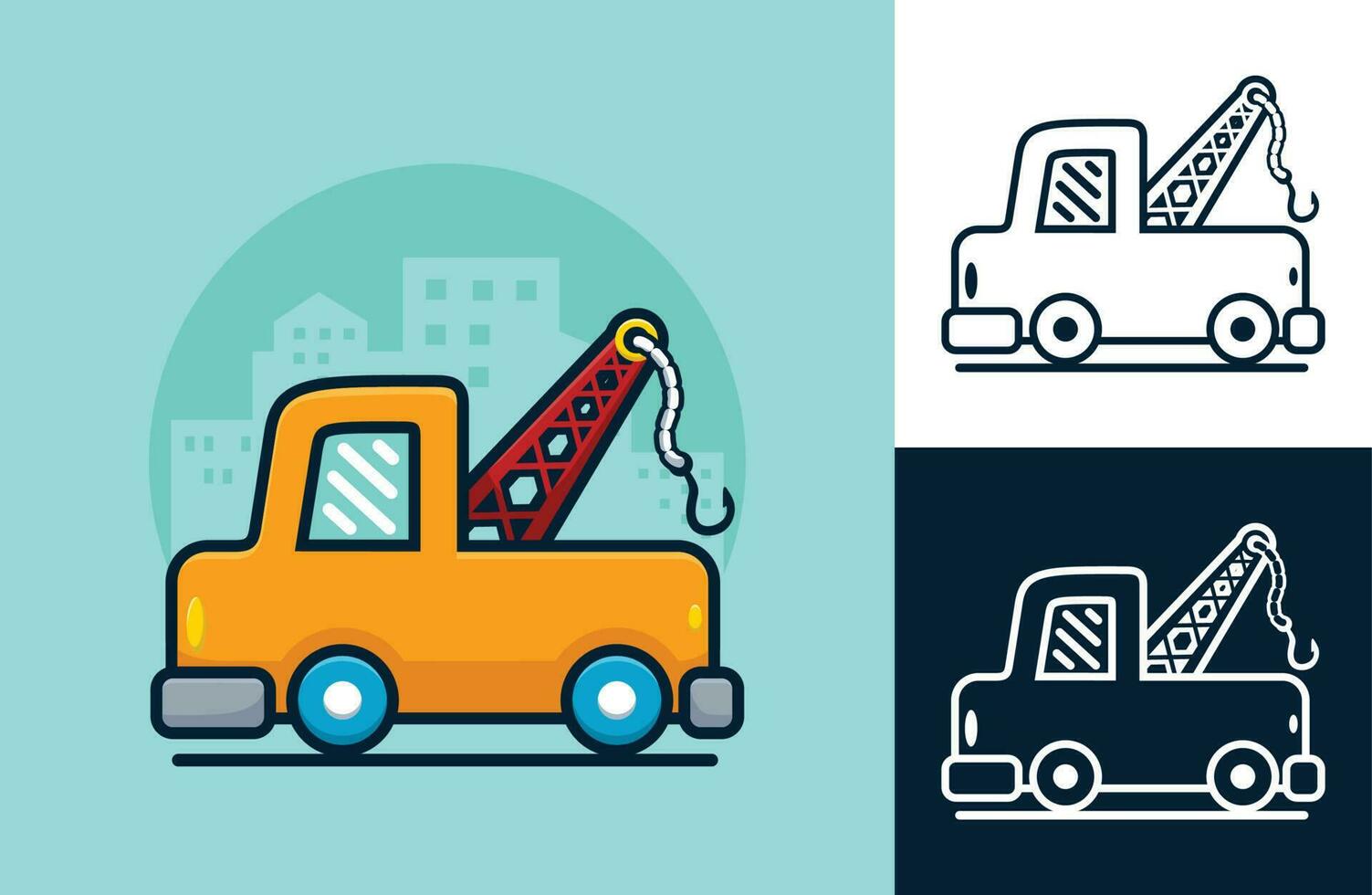 Tow truck on building background. Vector cartoon illustration in flat icon style