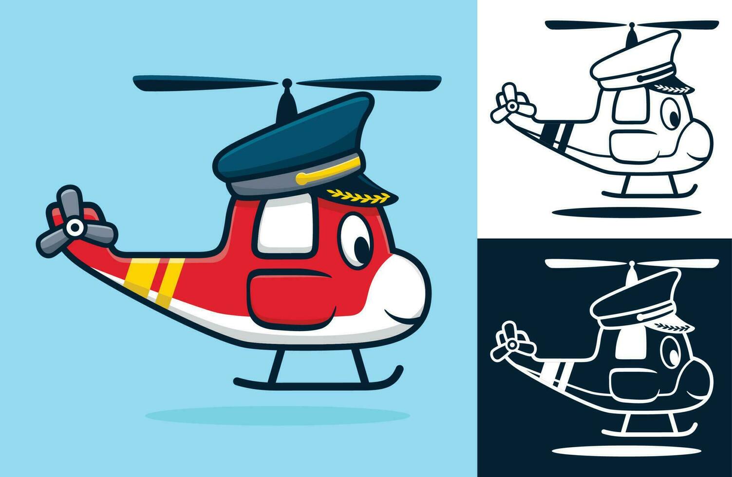 Funny helicopter wearing pilot hat. Vector cartoon illustration in flat icon style