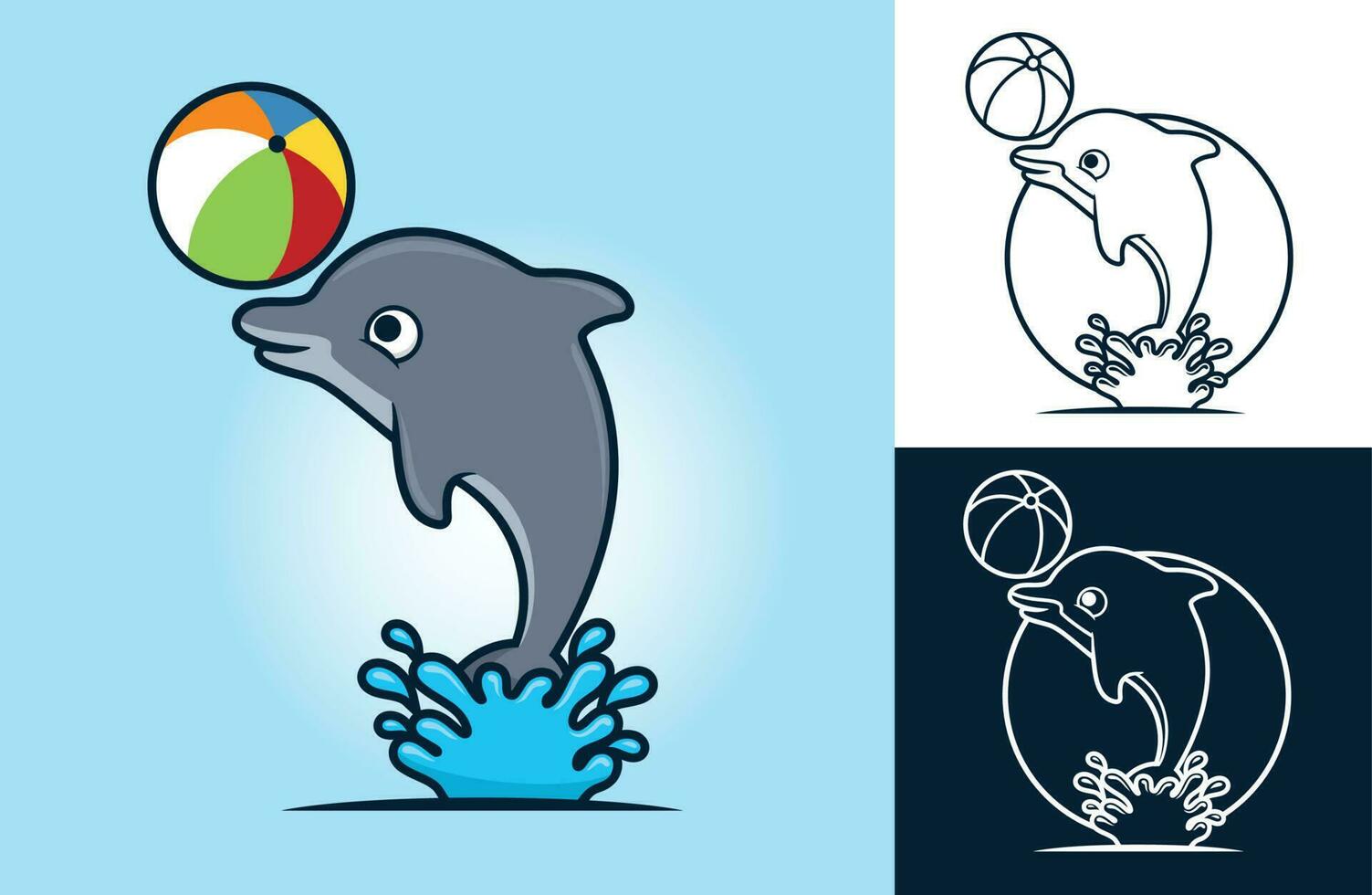 Funny dolphin playing ball. Vector cartoon illustration in flat icon style