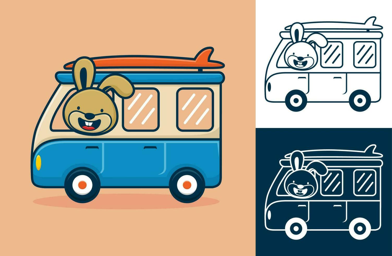 Cute rabbit on van carrying surfboard. Vector cartoon illustration in flat icon style