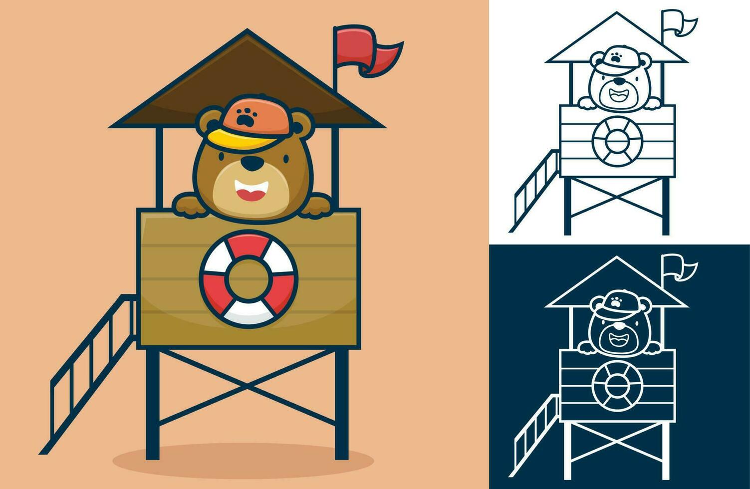 Cute bear wearing hat on lifeguard post. Vector cartoon illustration in flat icon style