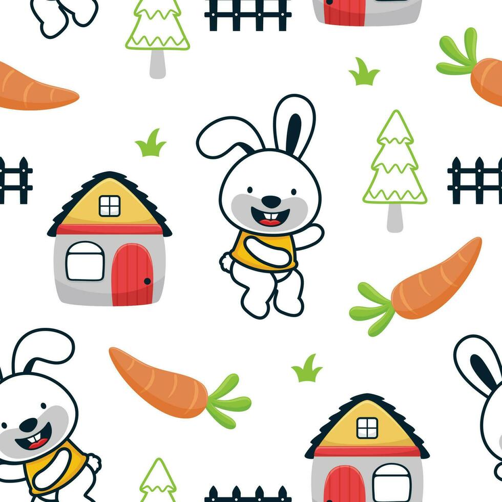 Seamless pattern vector of rabbit cartoon with house, carrot, tree and fence