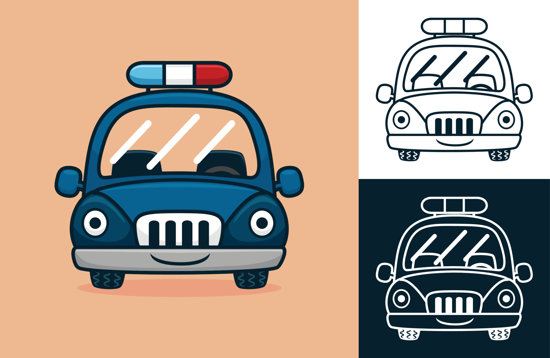 Funny police car. Vector cartoon illustration in flat icon style