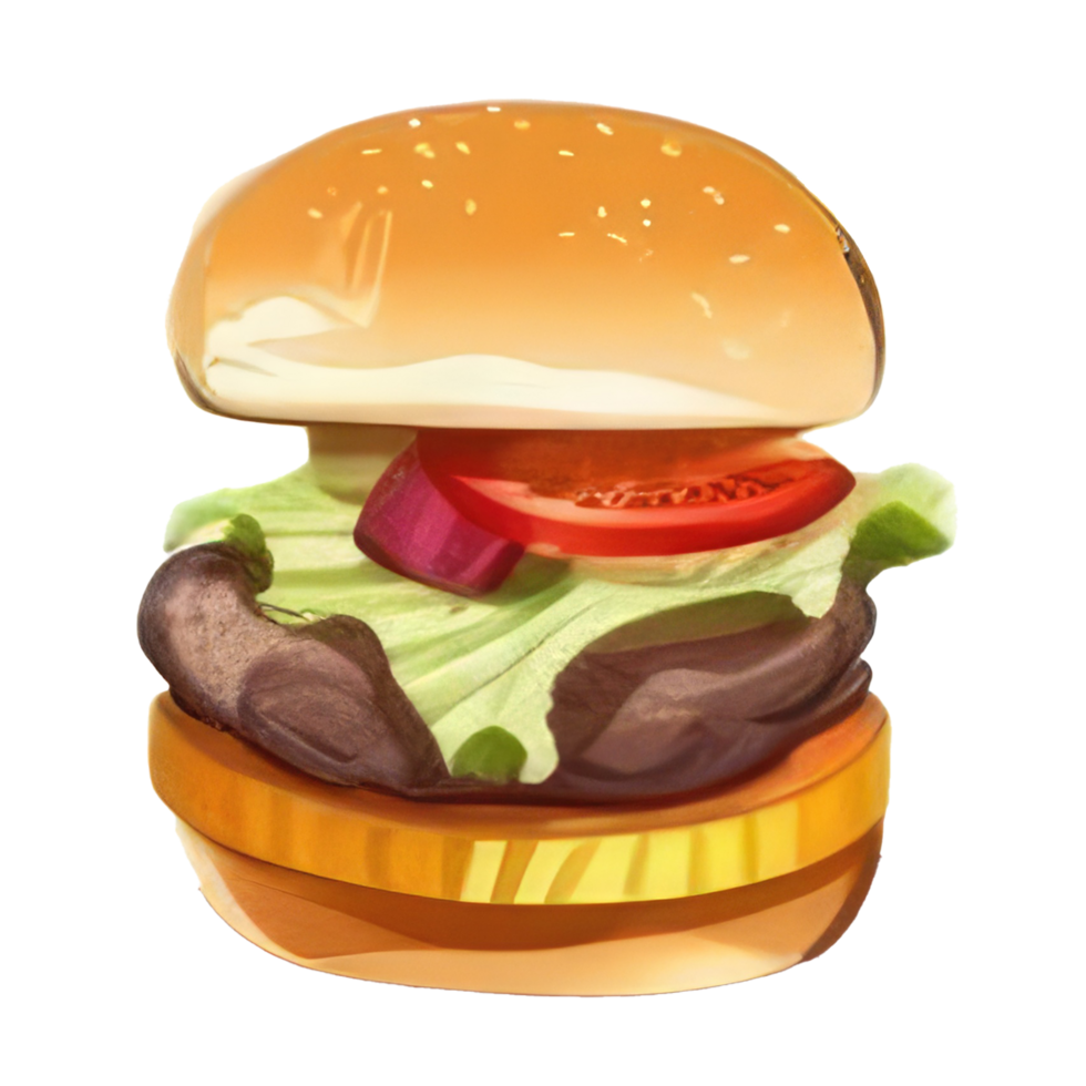 burger with meat, tomato, lettuce, cheese, and sauce . png